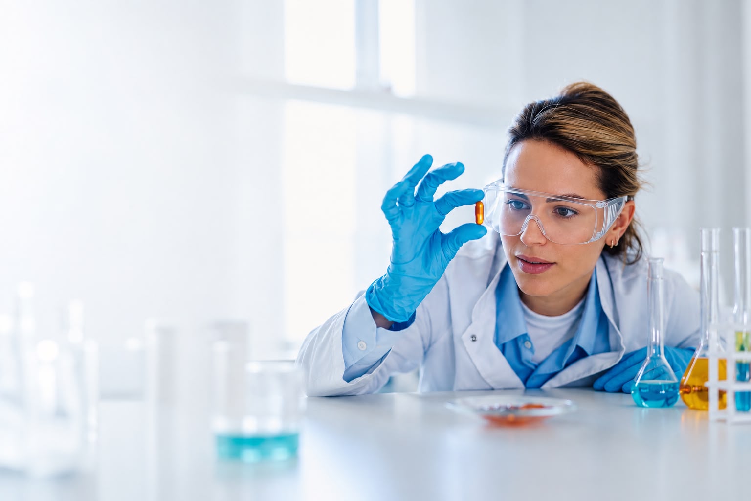 Nurx scientist examining a capsule in a bright laboratory